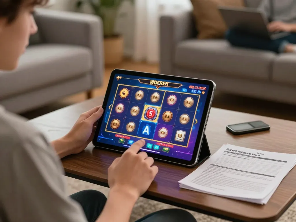 Engaging with slot thailand on a tablet in a cozy living room setting, showcasing responsible gaming