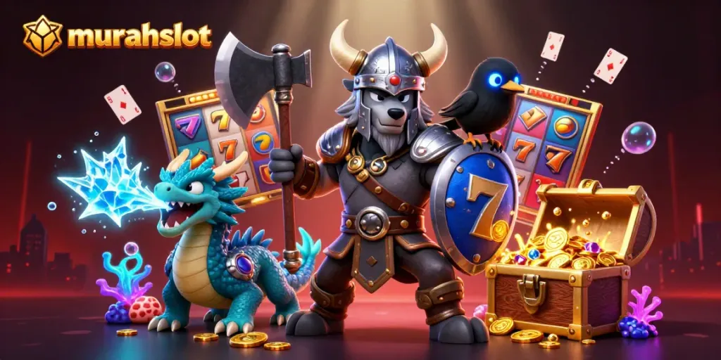 Experience the excitement of murahslot with stunning Viking, dragon, and raven in a colorful online casino scene