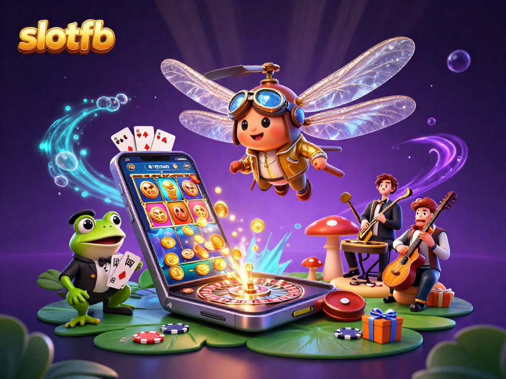 Experience vibrant slotfb action with a whimsical dragonfly pilot and frog croupier in a fantasy casino scene.