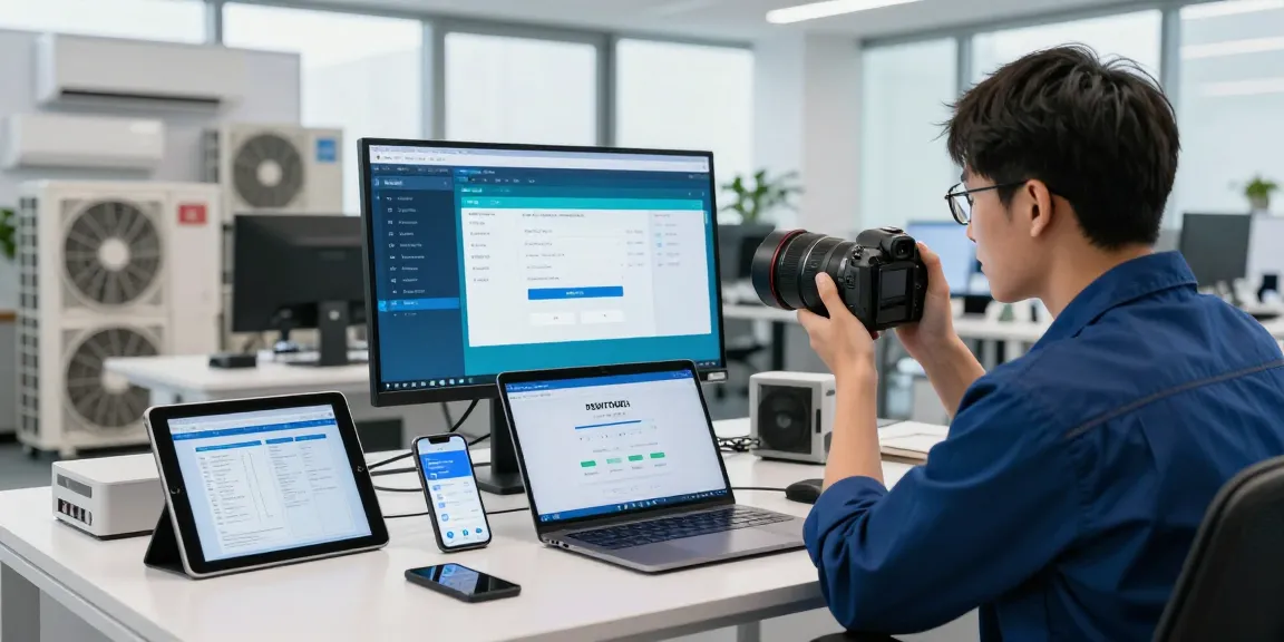 Menampilkan teknisi DEWITOGEL login sambil memperbaiki unit AC di ruang kerja modern.