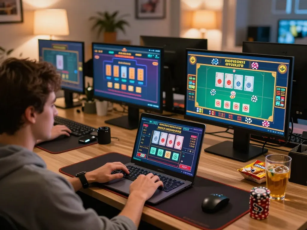 Player enjoying online gaming at home with JANGKAR55, exploring diverse betting options.