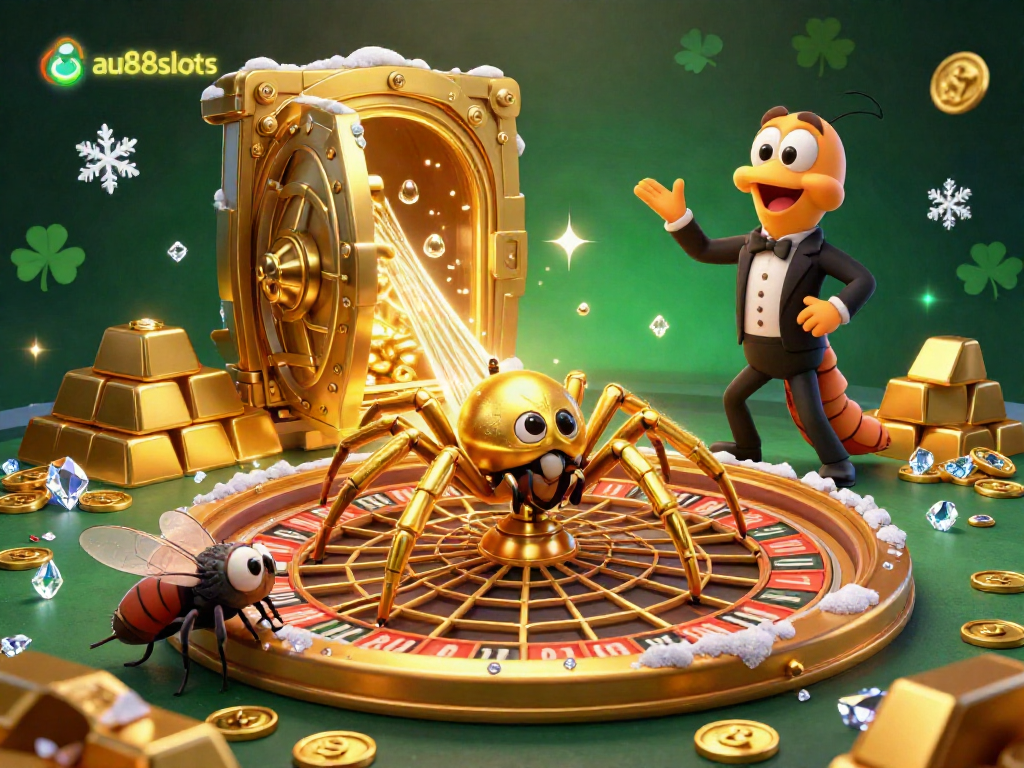 Experience the excitement of au88slots with a detailed roulette-themed scene featuring a spider and fly betting.