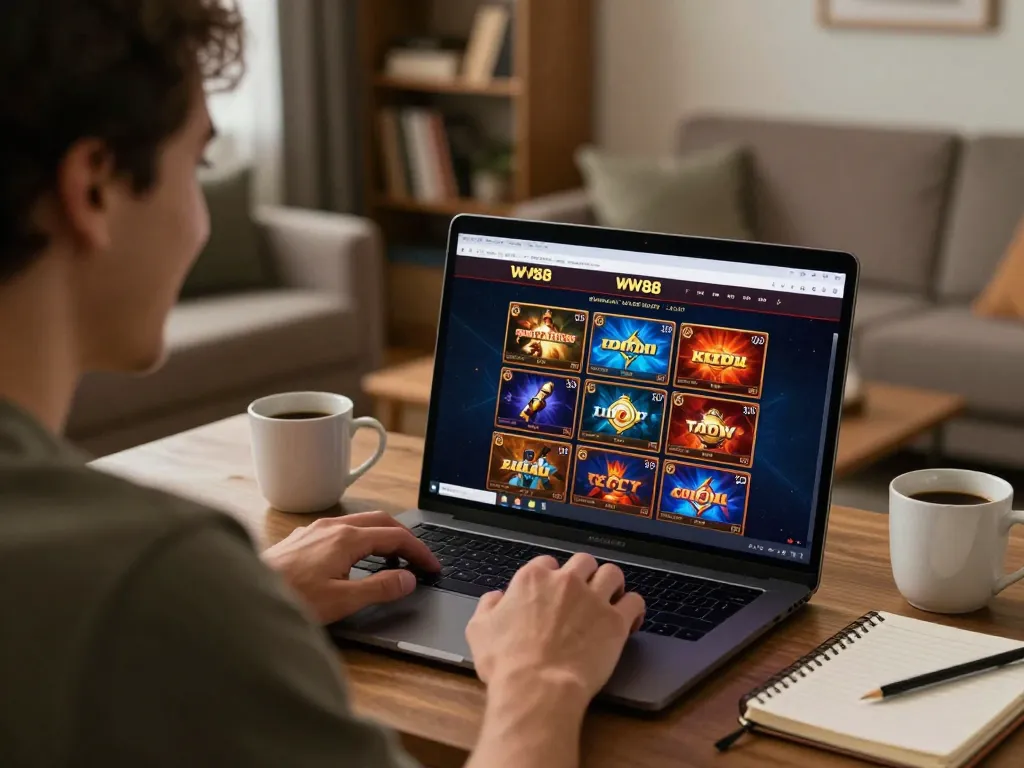 Engaged player exploring WW88 online casino games during a cozy home session.