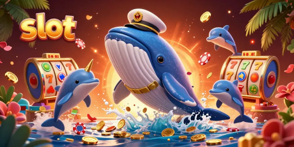 Slot gacor dengan karakter ikan paus menakjubkan dan simbol jackpot mengelilingi