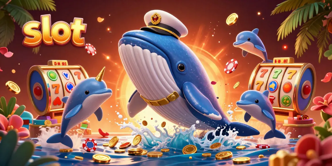 Slot gacor dengan karakter ikan paus menakjubkan dan simbol jackpot mengelilingi
