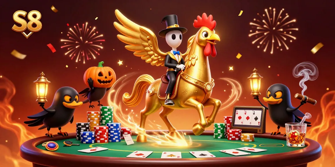 S8 gamblers celebrating a thrilling casino win in a vibrant illustration with poker elements and festive atmosphere.