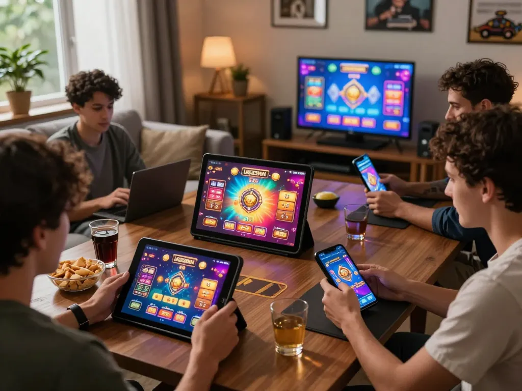 Players enjoying UGDEWA online casino gaming in a cozy home setting with vibrant interfaces.