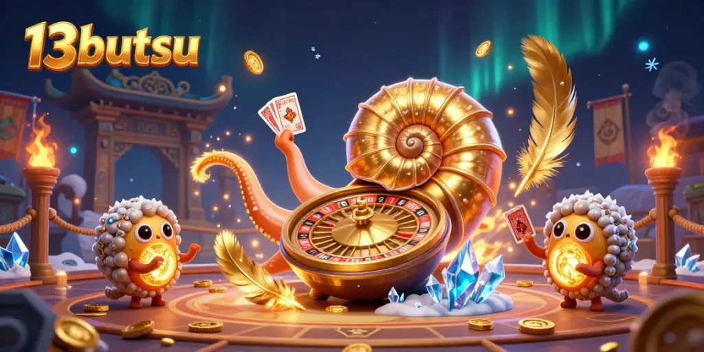 Engage with the 13butsu world through vibrant casino elements featuring a giant nautilus and golden tokens.