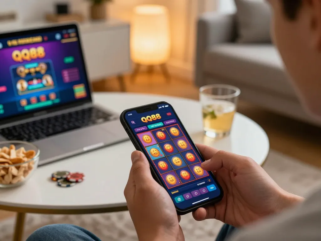 Player engaging with the QQ88 app on a smartphone, enjoying online casino gaming while practicing responsible gambling