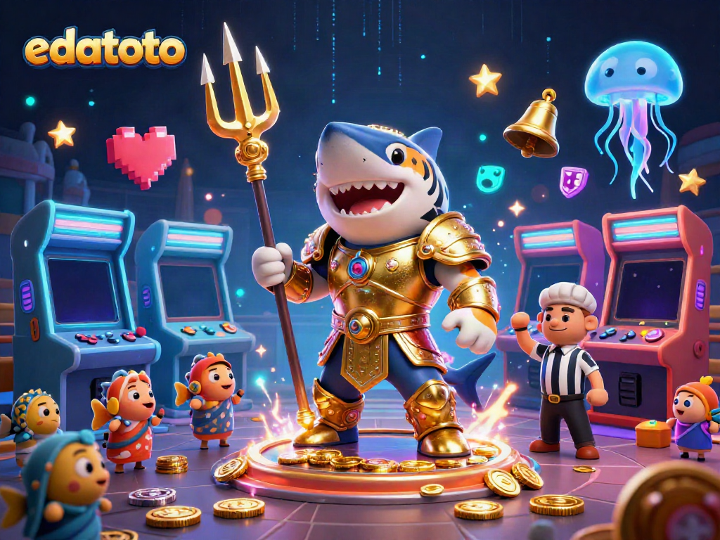 Permainan edatoto online dengan ikan kecil bersorak dan hiu bertanduk trident menampilkan suasana seru di kasino.