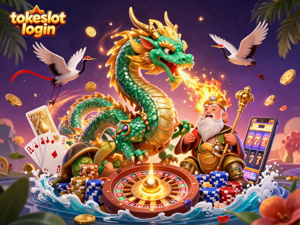 Experience the thrill of tokeslot login, featuring a jade dragon and vibrant casino elements.