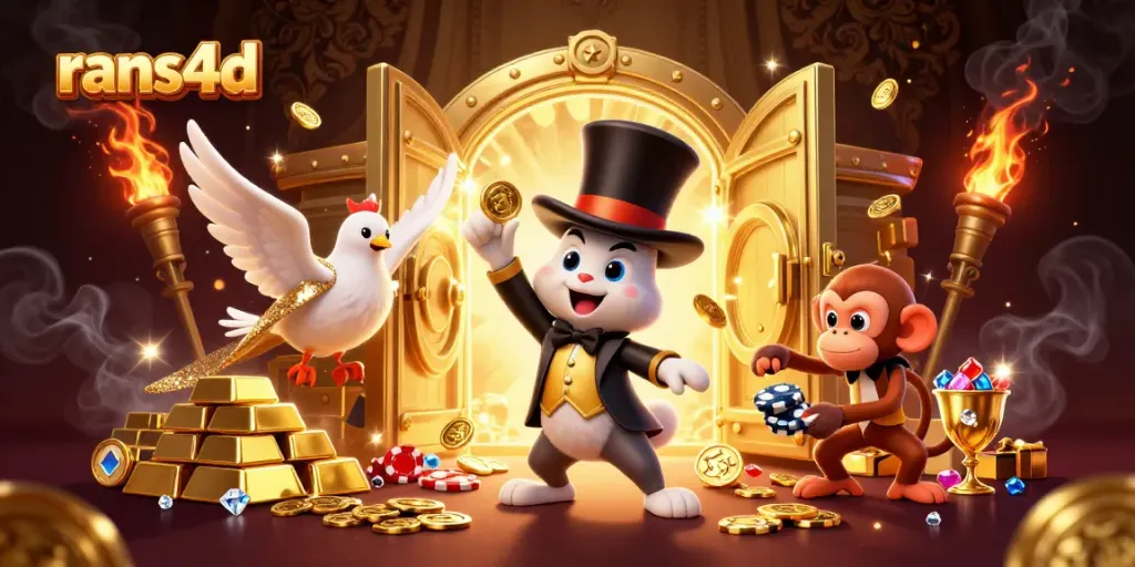 RANS4D menampilkan penguin magician menarik koin emas di kasino digital yang glamor.