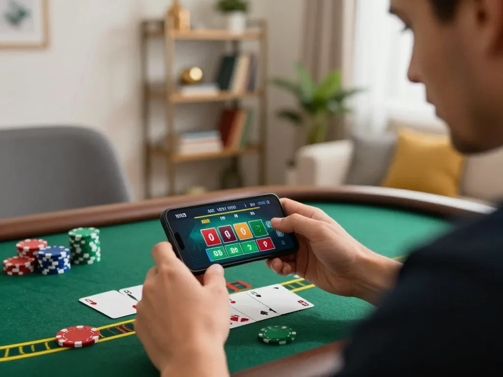 UGDEWA player engaging with live dealer blackjack game on smartphone, showcasing online gambling excitement