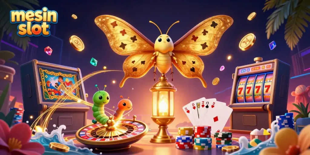 Engage in thrilling mesin slot gameplay with vibrant casino scenes, sparkling gems, and gold coins.