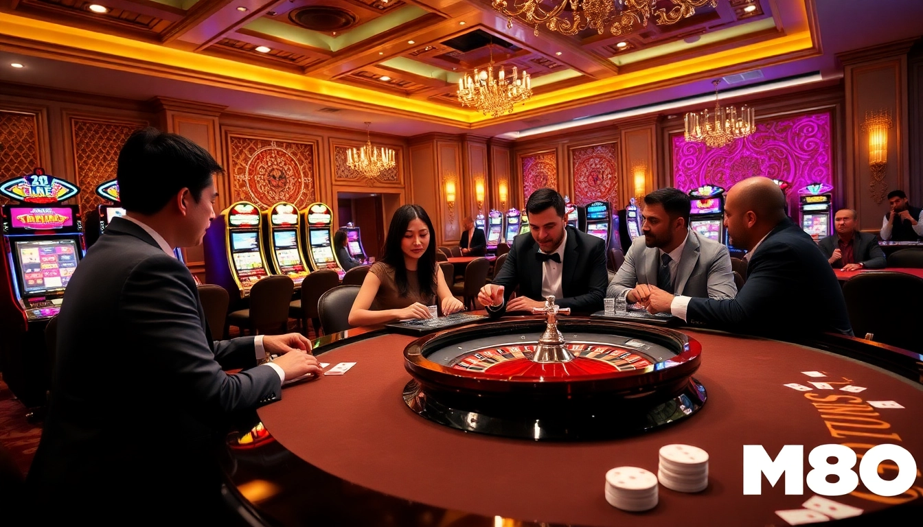 Players enjoying casino games at MM88 with vibrant slot machines and a roulette table.