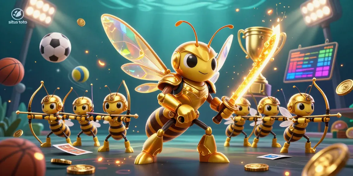 Situs toto showcases an epic scene with a giant golden hornet samurai and bee archers amidst dynamic sports elements.