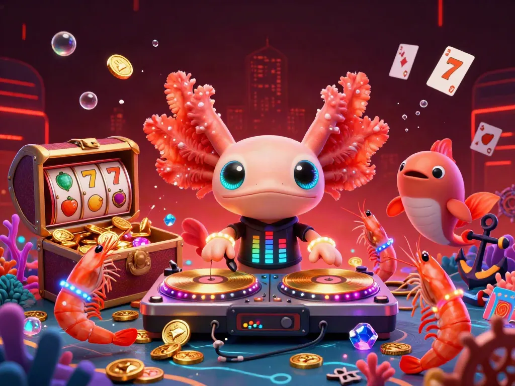 Tokeslot's vibrant gaming scene featuring a neon-colored DJ axolotl, surrounded by floating playing cards and gold coins.