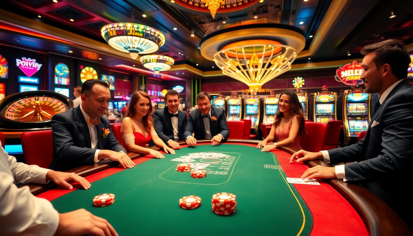 Engaged players enjoying casino games at tg88 while celebrating big wins with poker chips and cards.