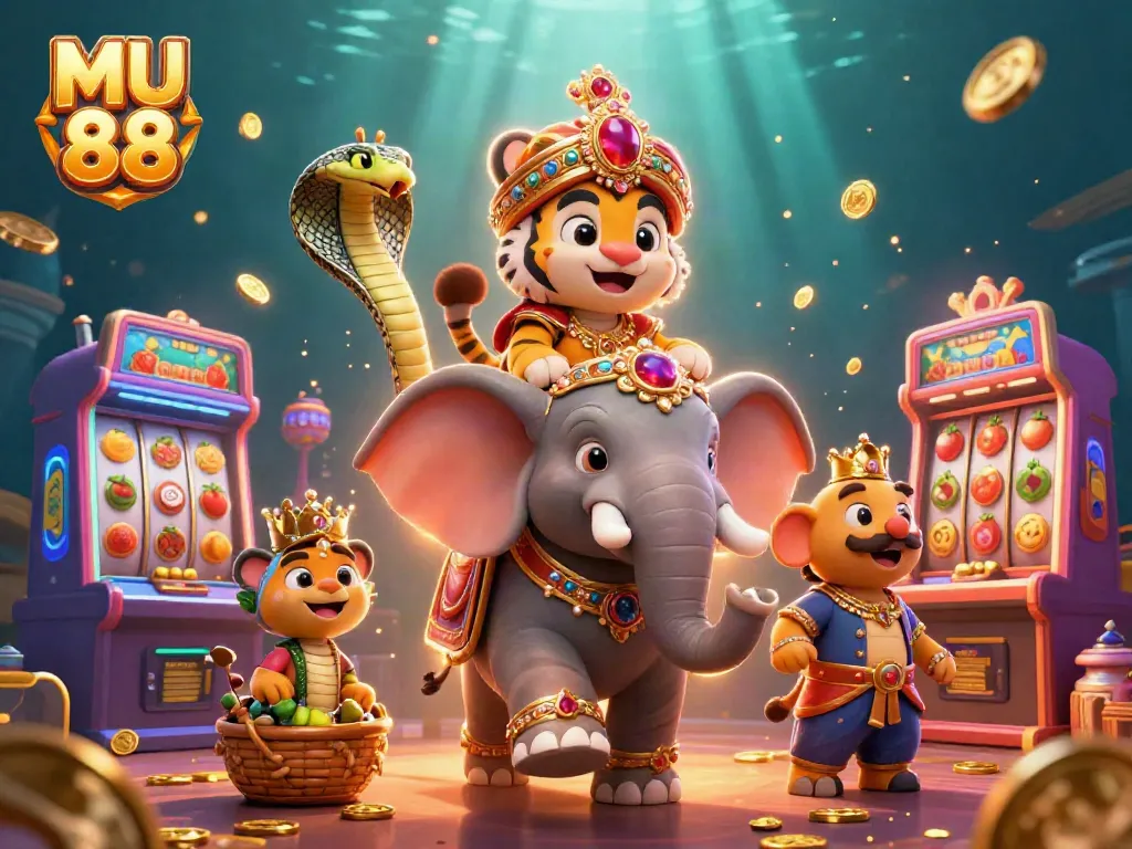 Spin to win at MU 88 with vibrant slot machines and dynamic characters in a colorful casino scene.