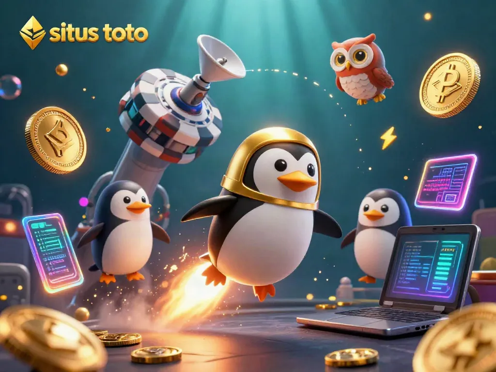 Experience the excitement of situs toto with a golden penguin flying towards a casino space station, surrounded by digital coins and vibrant elements.
