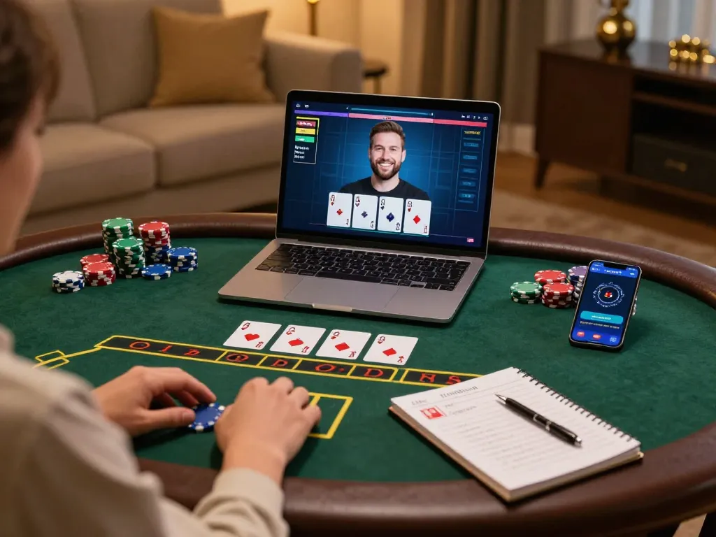 Pemain menikmati blackjack dealer langsung di kasino online OKESLOT, menyoroti pengalaman bermain yang menarik di rumah.