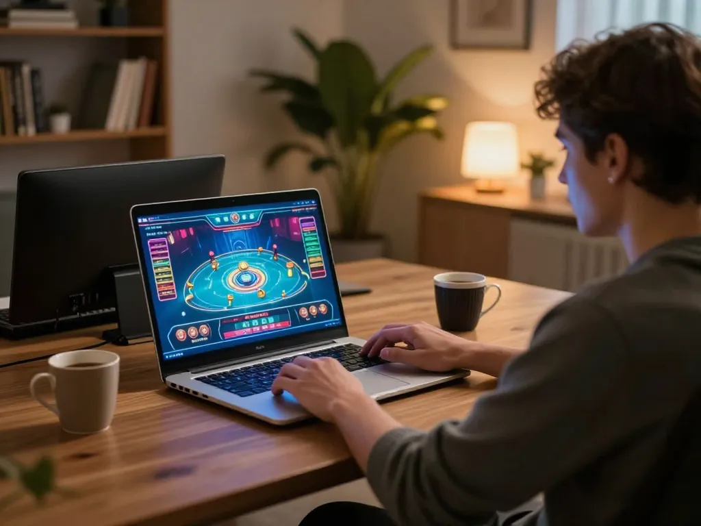 Play engaging casino games online with lv88, showcasing a cozy gaming setup at home.