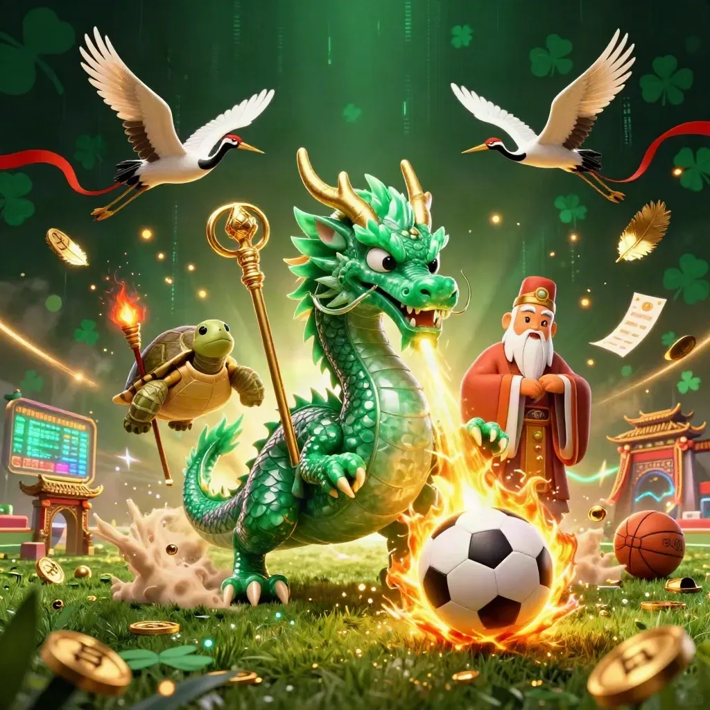Naga jade, kura bijak, dan bangau di ledakan emas, bola sepak melayang di latar neon kasino.