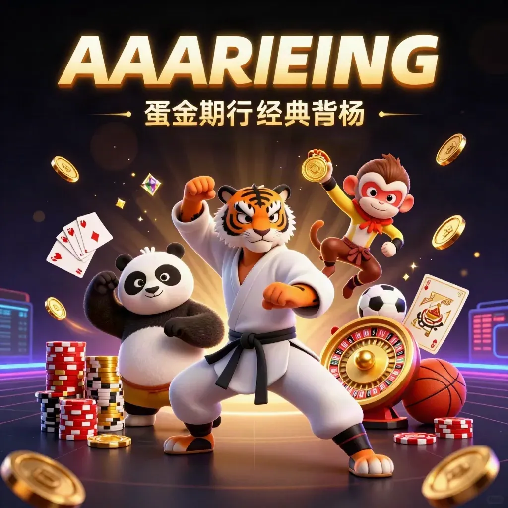 Tiger kung-fu, panda, dan monyet di tengah ledakan koin emas dan efek neon.