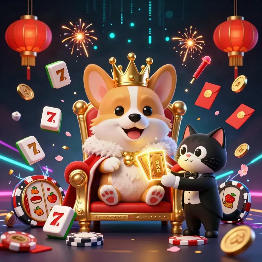 Corgi raja dan kucing butler di atas chip poker, dikelilingi lampion, ubin mahjong, dan neon mewah.