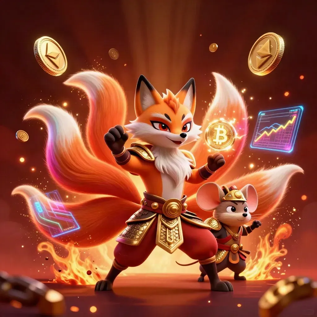Rubah sembilan ekor dan tikus samurai emas dikelilingi koin crypto, kilat, dan cahaya kasino mewah.