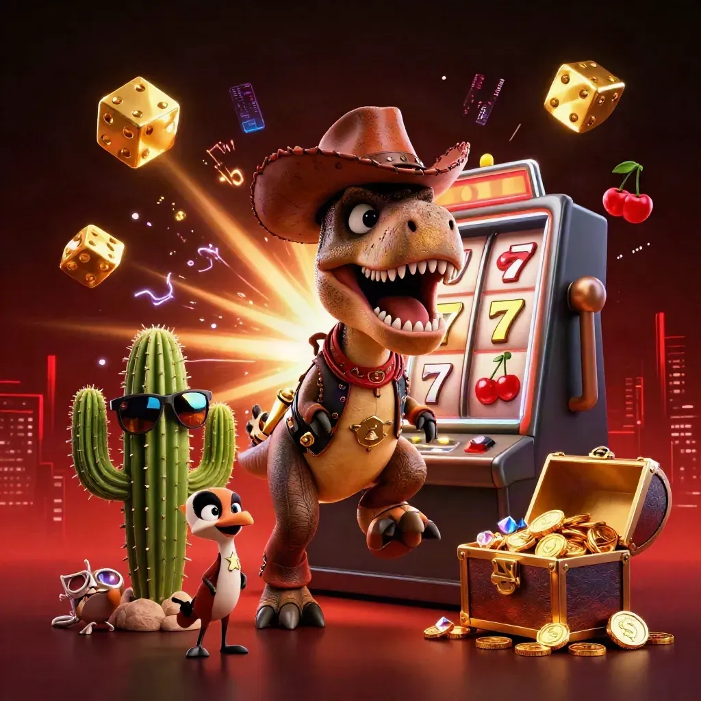 T-Rex koboi, kaktus, dan roadrunner di depan mesin slot meledak emas
