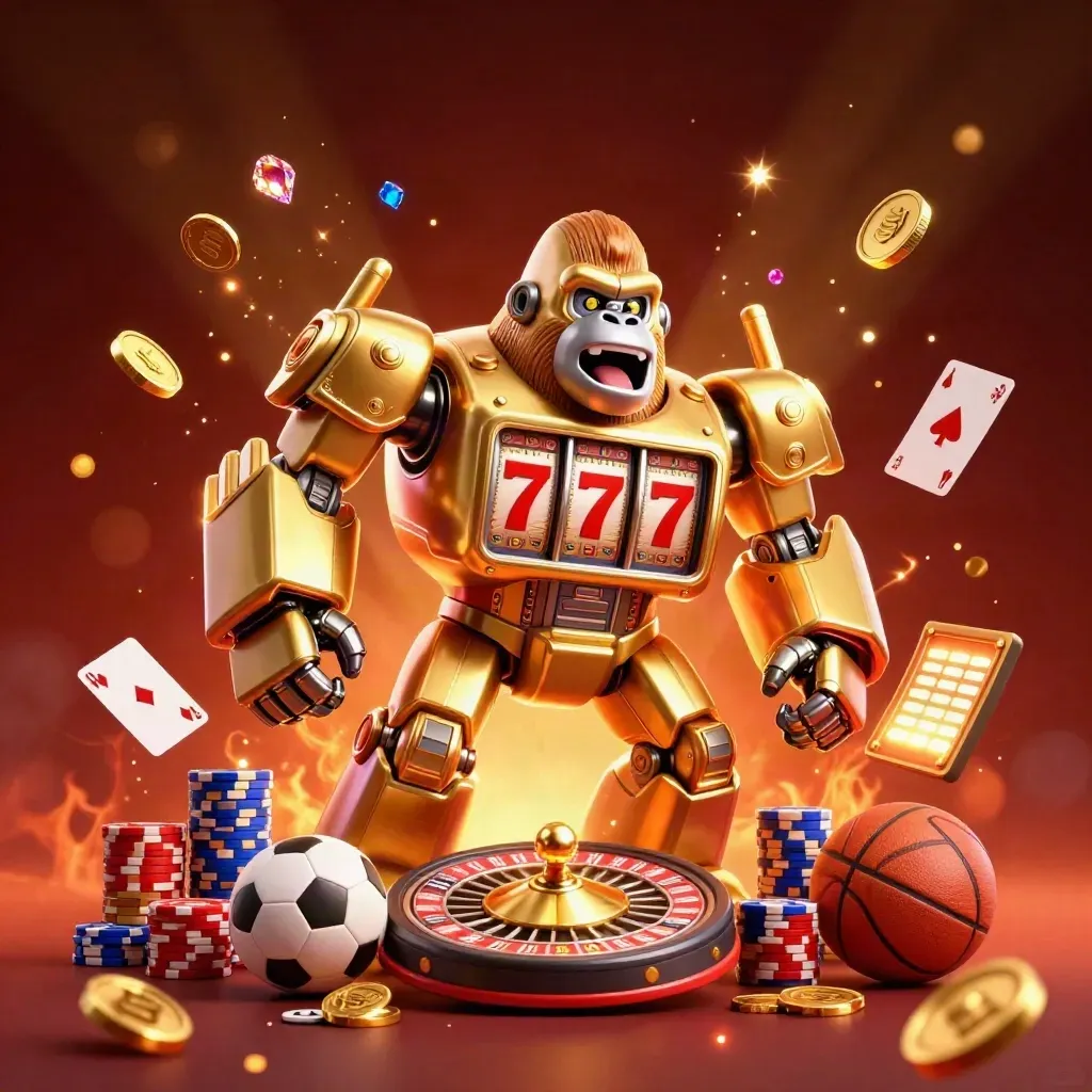 Gorila mech emas dengan koin, roulette, kartu, bola olahraga, dan ledakan cahaya kasino.
