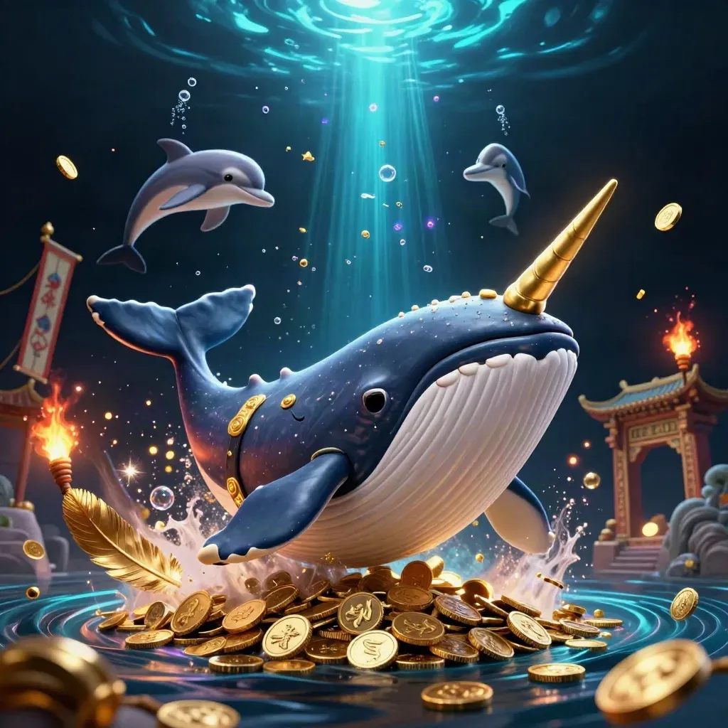 Ikan paus kapten, narwhal, dan lumba-lumba di laut bawah dengan efek neon emas.