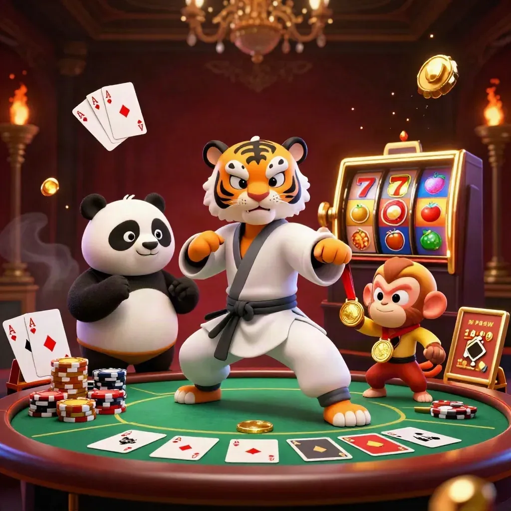 Harimau kung-fu, panda, dan monyet di meja poker emas dengan chip dan lampu kasino mewah.