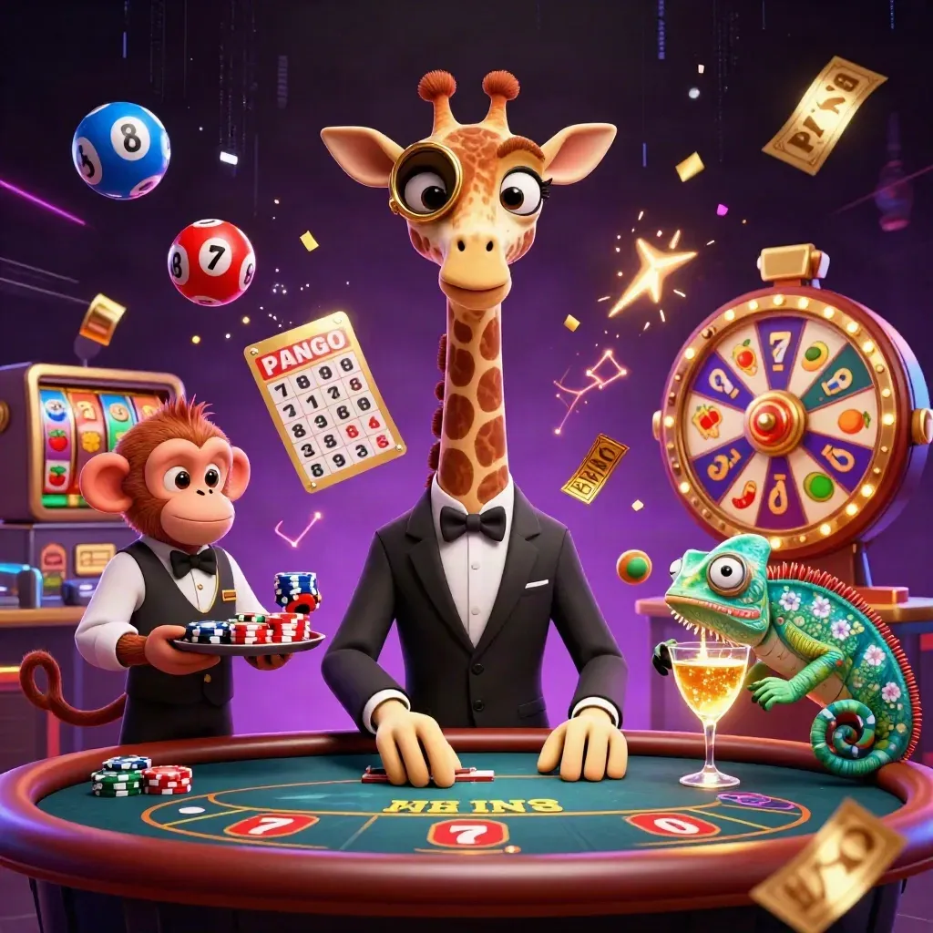 Jerapah high-roller, monyet valet, dan bartender bunglon di meja poker VIP dengan efek neon kasino.