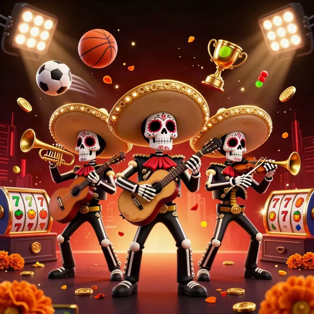 Tiga kerangka mariachi, bola olahraga, koin emas, piala, dan gulungan slot di latar merah gelap.