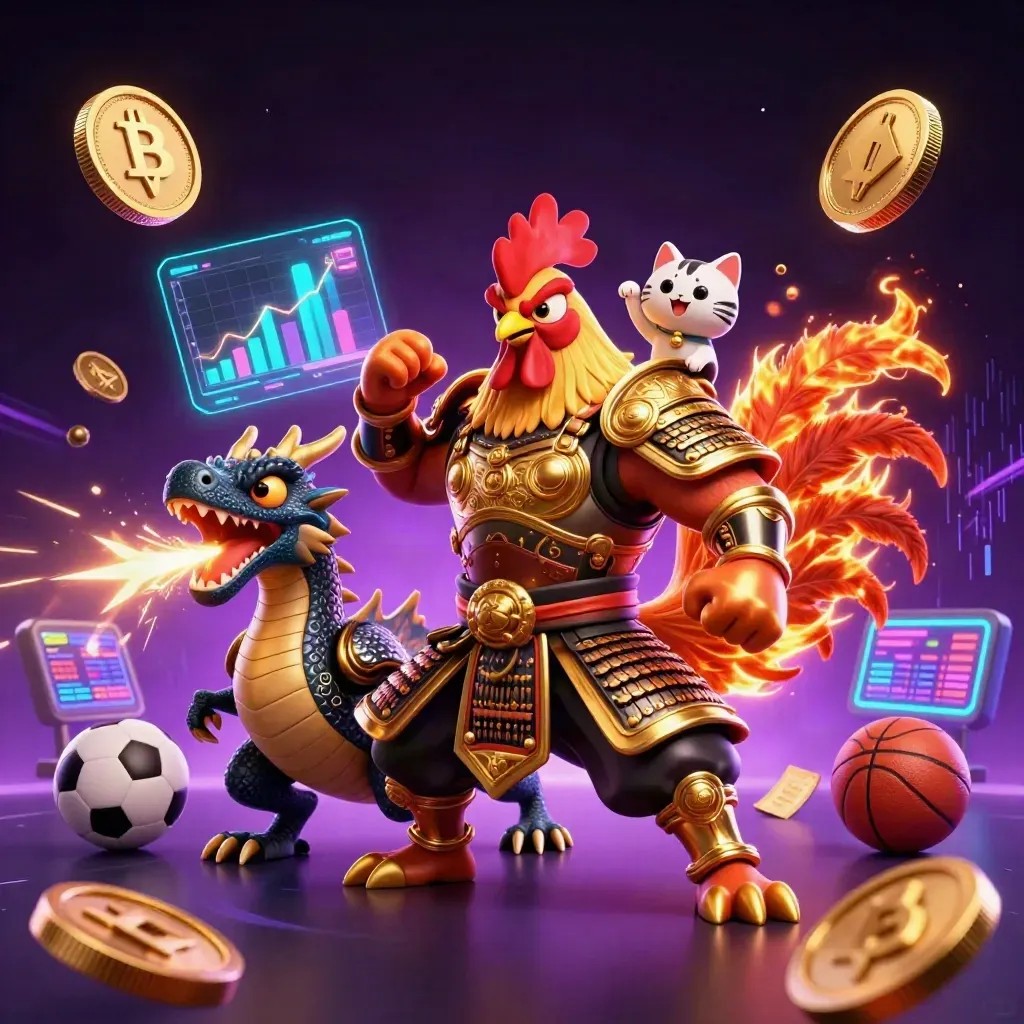 Ayam samurai emas, naga kecil, dan kucing hoki dikelilingi koin crypto dan kilat neon
