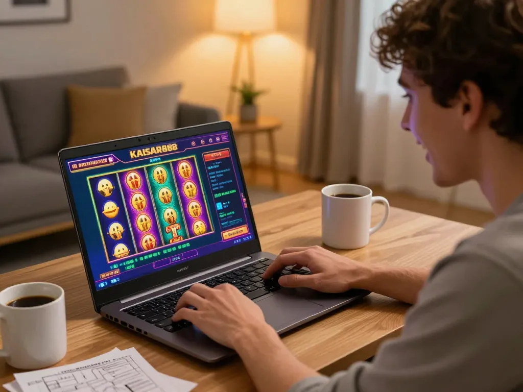 Kaisar888 player enjoying an online casino game at home with vibrant slot reels on screen.