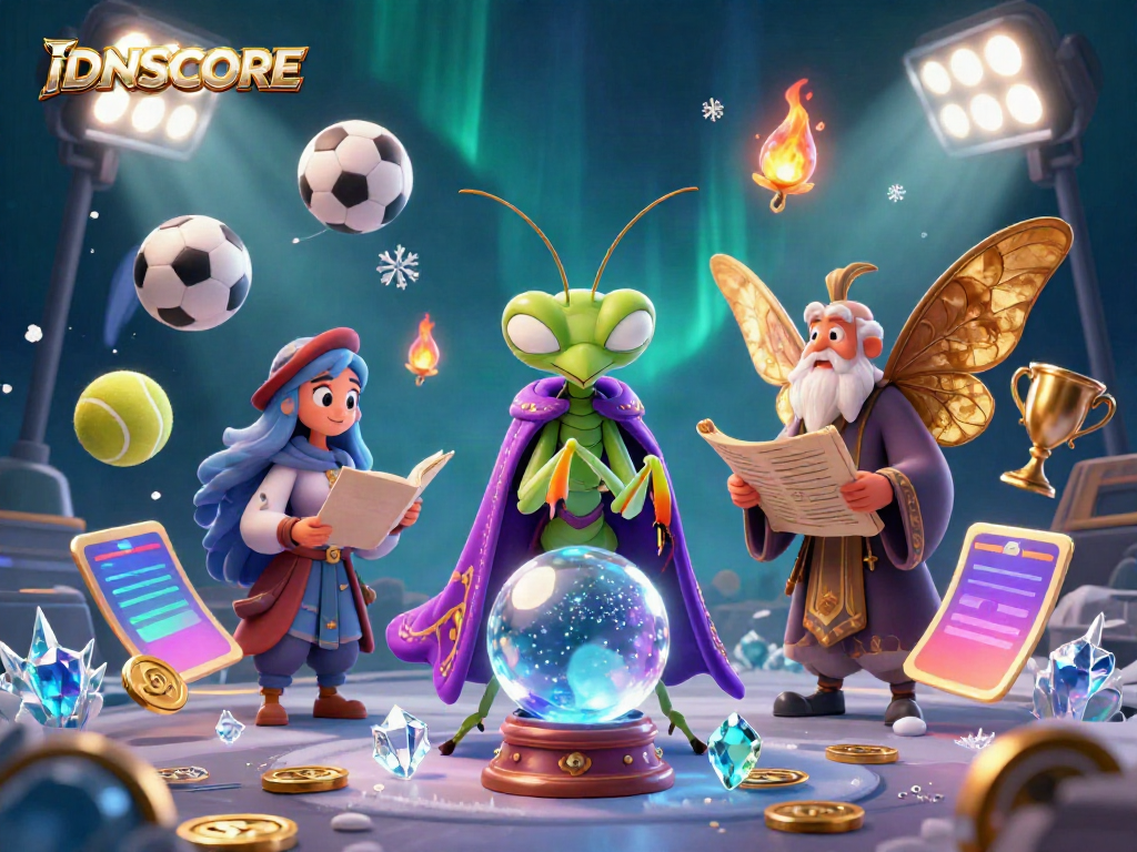Experience the thrill of IDNSCORE with a mystical fortune teller and sports betting elements in a vibrant digital illustration.