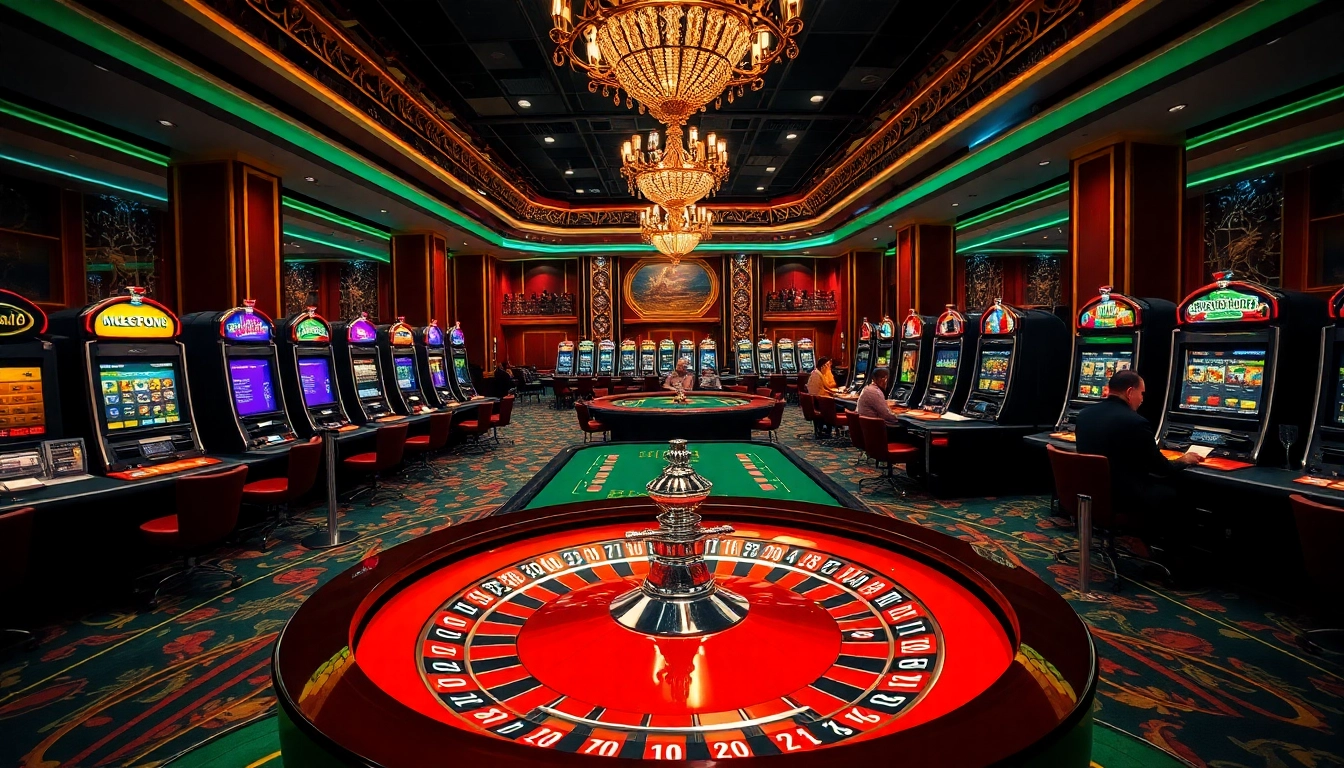 Exciting gambling scene at 78Win casino featuring roulette table, poker gameplay, and vibrant slot machines.
