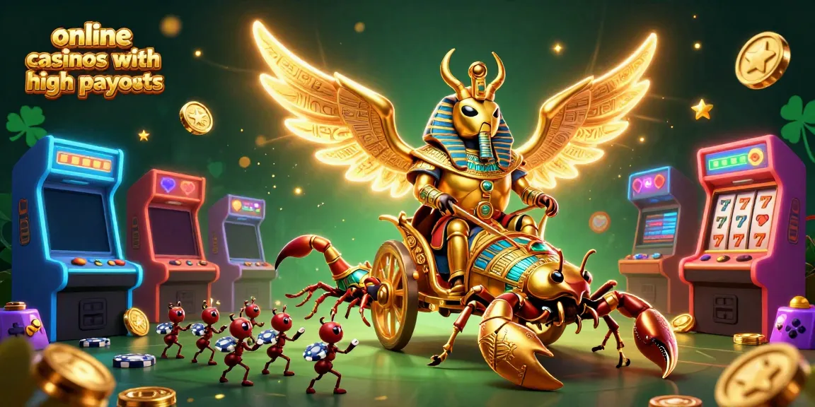 Experience the thrill of online casinos with high payouts in this vibrant 3D illustration featuring a golden scarab, scorpions, and gaming elements.