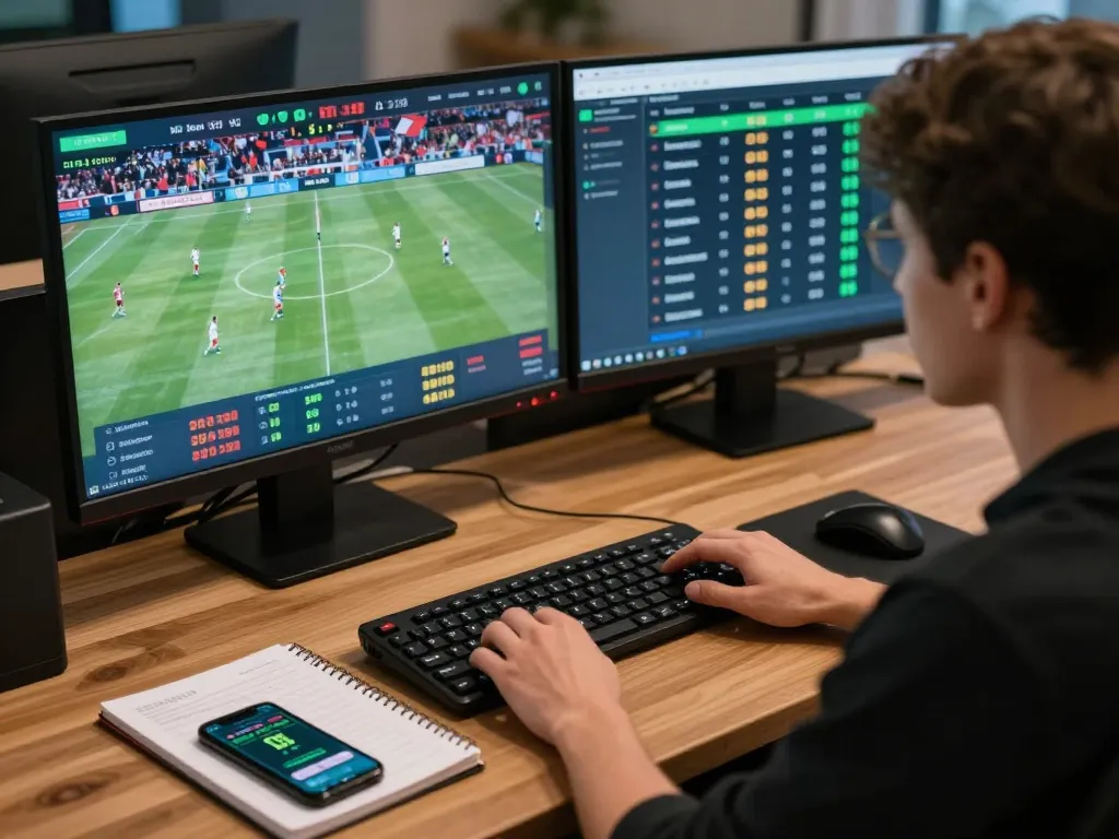 Engaged player placing bets on SIS4D online sports betting platform with dual screens visible.