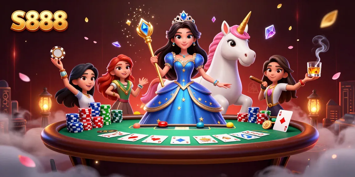 S888 casino scene with a glamorous woman and unicorn surrounded by poker elements, showcasing lively gambling action.