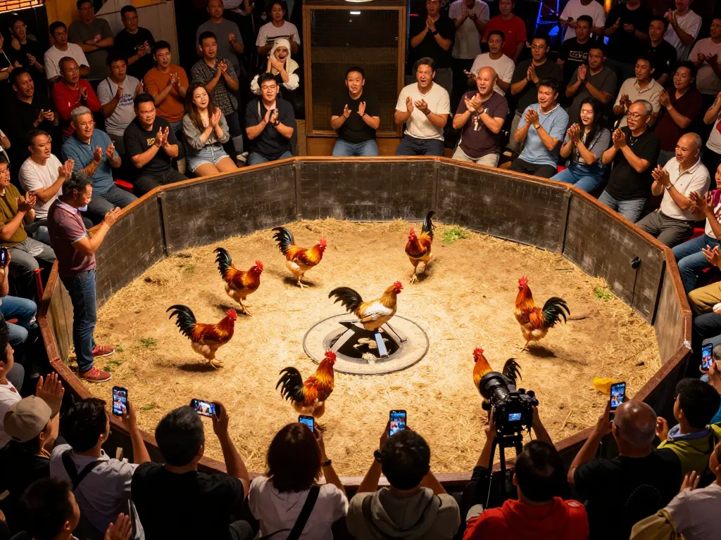 Exciting view of a bồ gà xà xía event with spectators cheering and fighting chickens in action