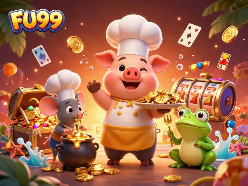 Join the fun at FU99 with cartoon characters serving gold coins amid rich casino elements.