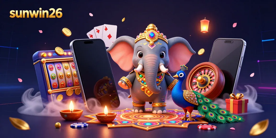 Experience immersive slots action with sunwin26, featuring a vibrant elephant and gaming elements.