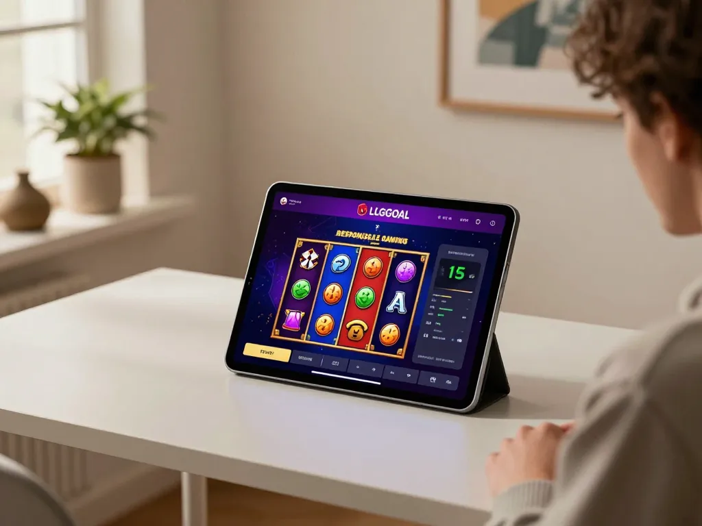 Engaging with LGOGOAL slot game on a tablet in a modern, cozy home environment