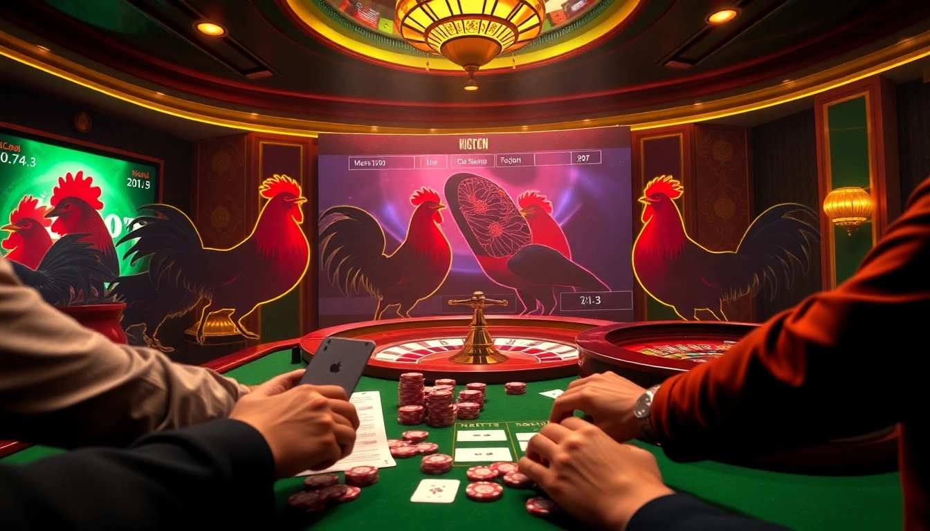 Live betting action at đá gà thomo 67, showcasing intense rooster fights in a luxury casino setting.