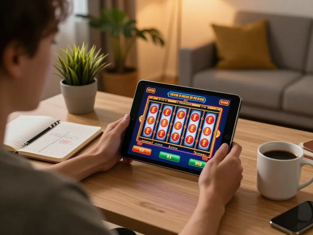 Person using MPOID platform to win at online slots in a cozy home setting
