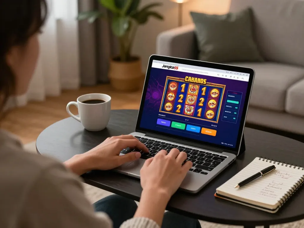 Playing on the jangkar55 platform with vibrant slots display in a cozy home setup